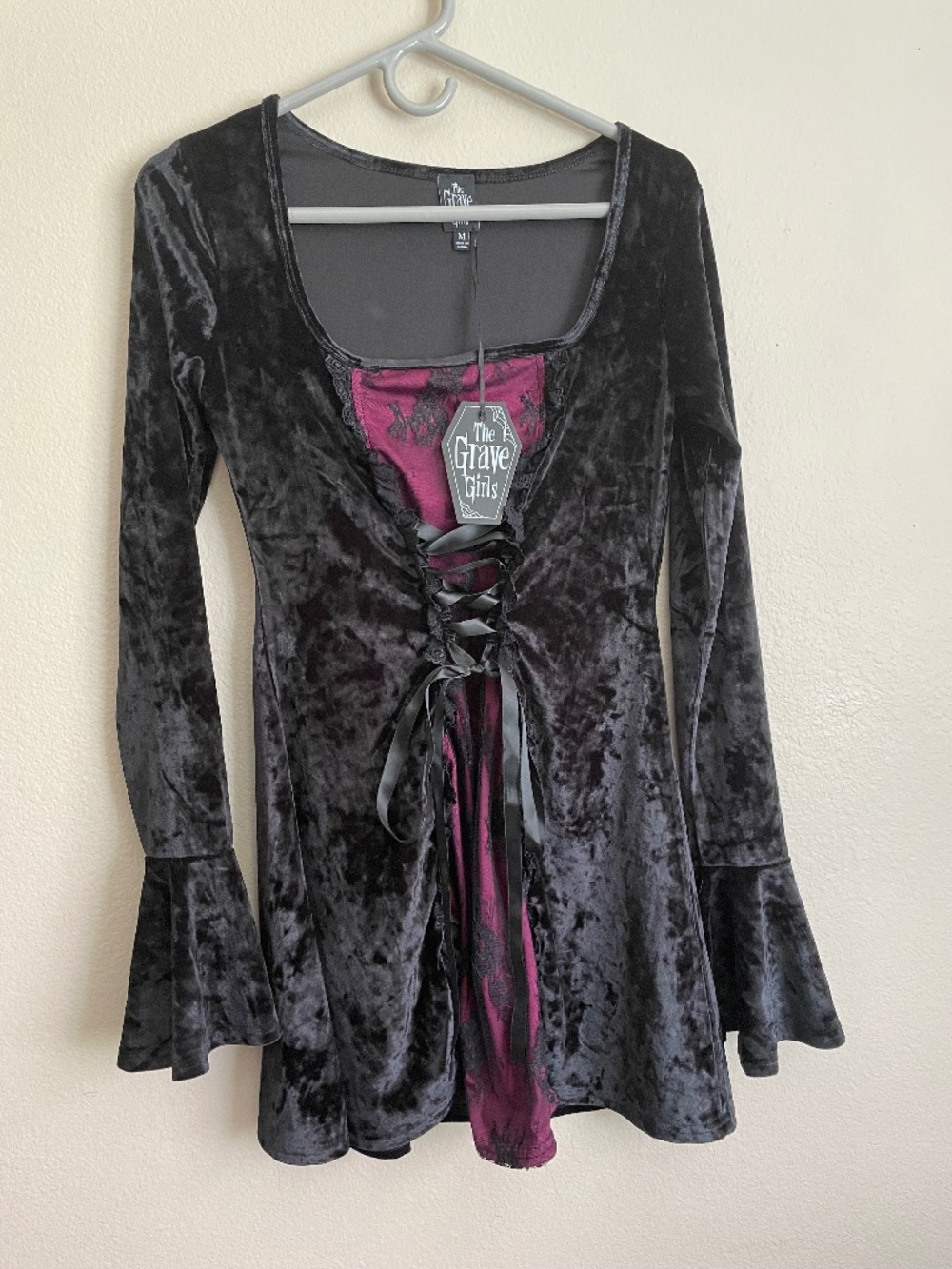 NWT Lace-Up Grave Girls Dolls Kill Maroon Black Velvet Mini Dress Medium